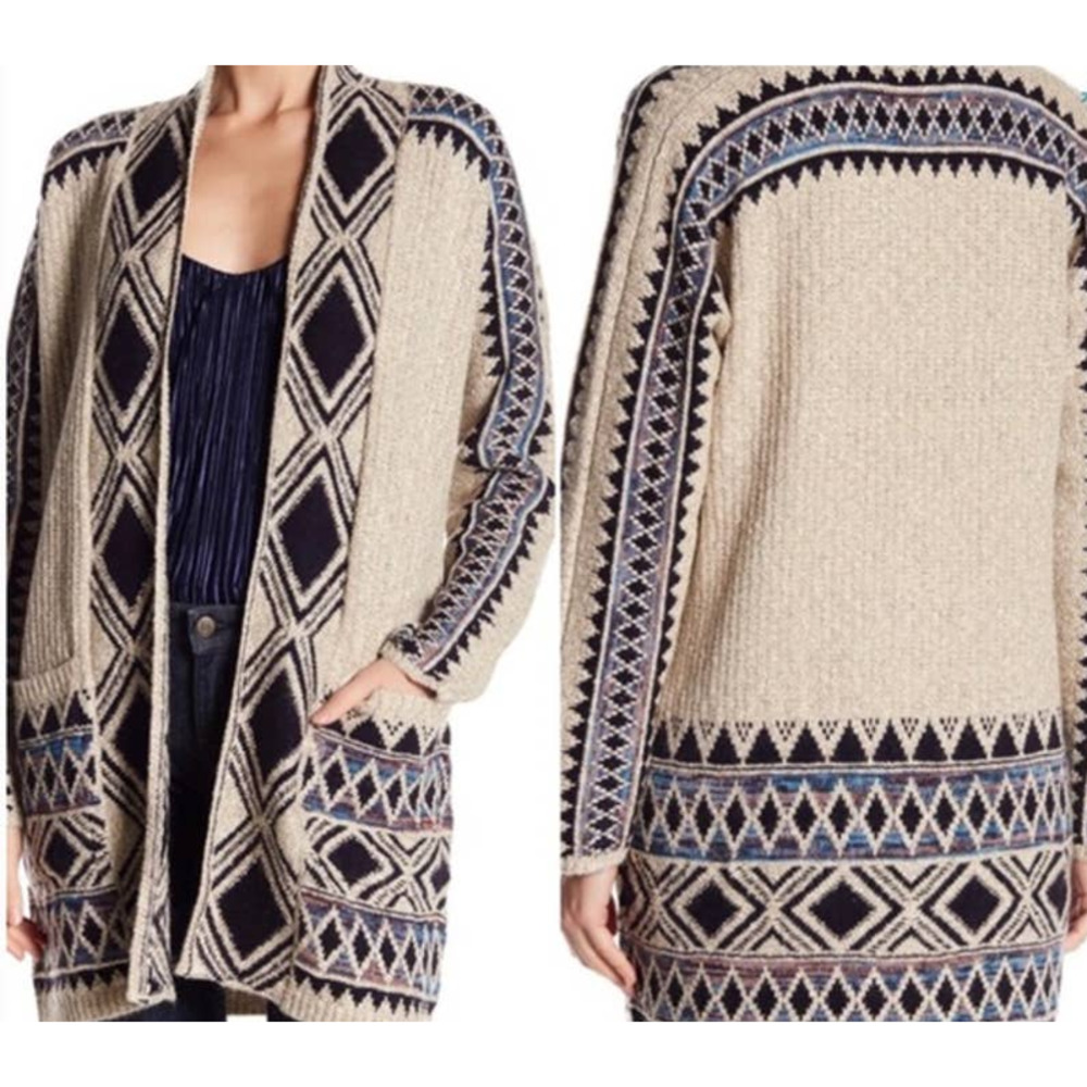 Lucky Brand Tribal Aztec Open Cardigan Womens Size L/XL Boho Long Sleeve Pockets